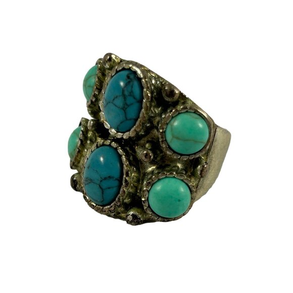 Chunky Silver Tone Faux Turquoise Statement Ring Size 8 Southwestern - Picture 1 of 9